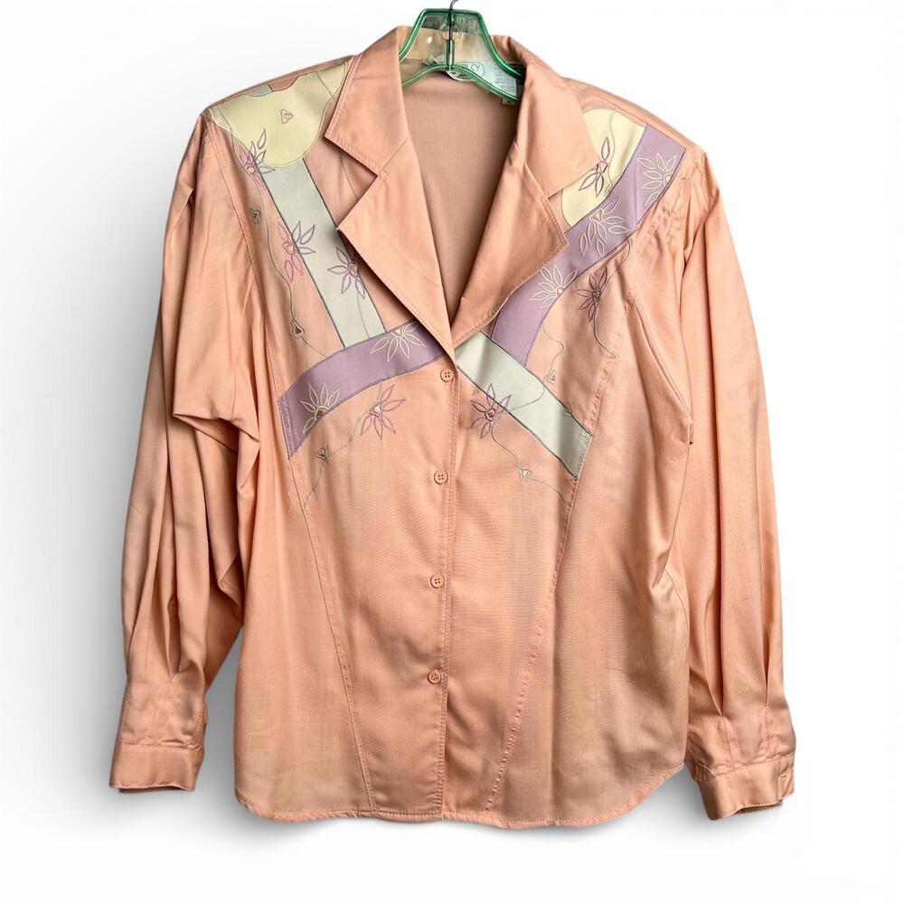 Vintage Pastel Peach Embroidered Silk Wool Button-Up Blouse